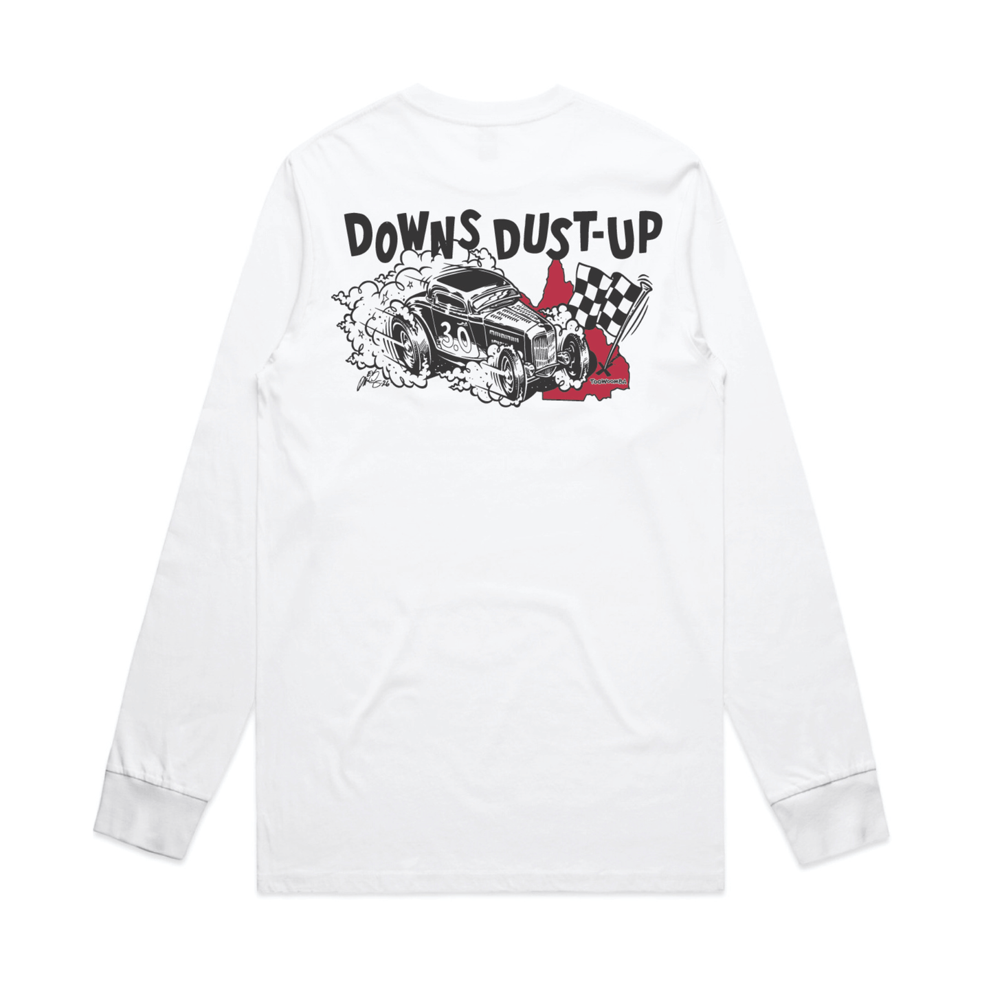 FortyOne30 Downs Dust 26' White Racer Long Sleeve tee back view featuring black and maroon graphic