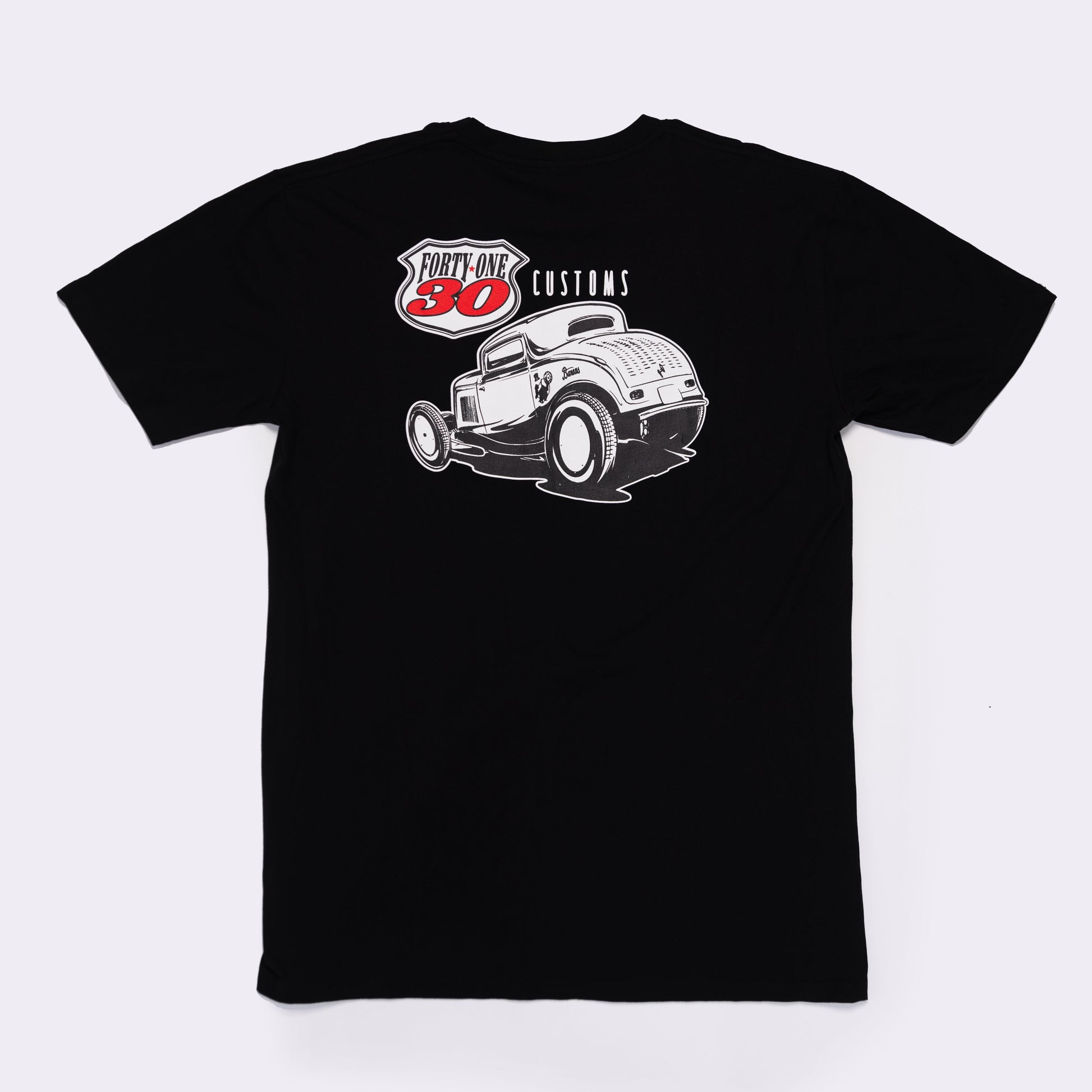 Black t-shirt with a graphic of a classic car and text on a white background